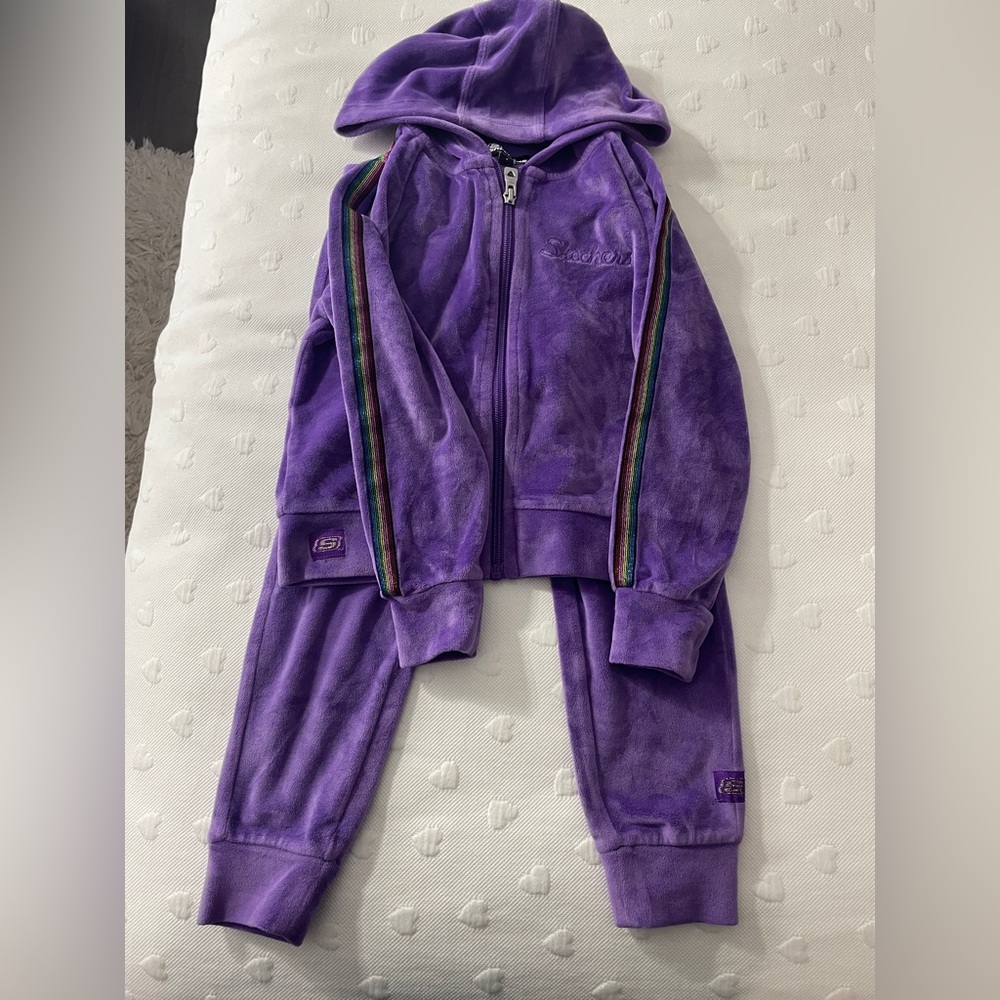 Sketchers Purple Velour Tracksuit with Rainbow Stripes